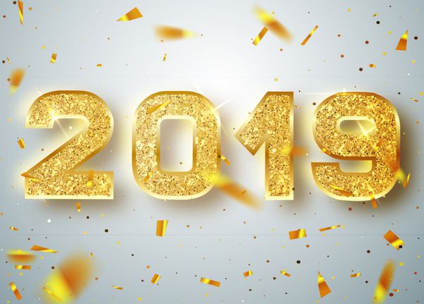 سال 2019 مبارک شماره های طلا طراحی کارت تبریک از دکوراسیون درخشان الگوی درخشان طلا پرچم سال نو مبارک با شماره های 2019 در پس زمینه روشن تصویر برداری