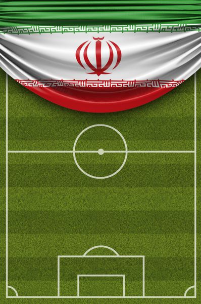 پرچم کشور ایران بر روی یک زمین فوتبال فوتبال قرار دارد رندر 3D