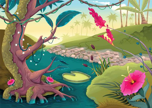 نمایش در جنگل با گل های رنگی و رودخانه تصویر برداری کارتونی