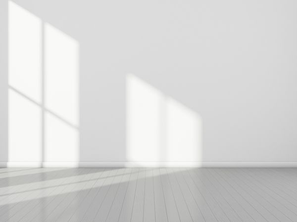 تحریک 3D از اتاق داخلی سفید و کف چوب چوب با نور خورشید ریتم بازیگران سایه بر روی دیوار چشم انداز معماری معماری حداقل