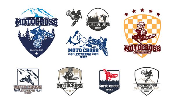 مجموعه ای از Motocross Jump Logo Vector Motocross Freestyle Logo Badge با نماد جنگل و کوه