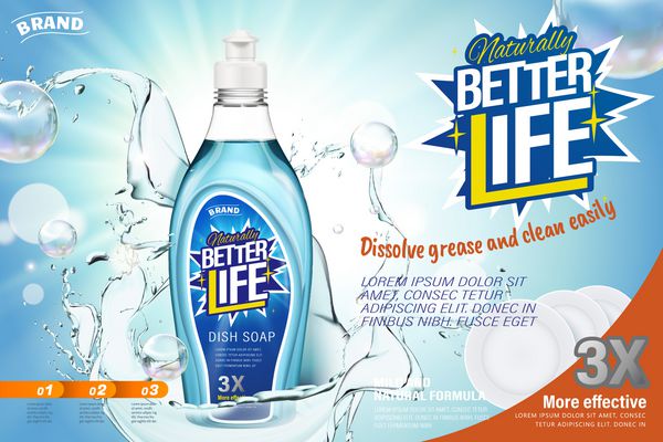 تبلیغات صابون ظرف مایع ظرفشویی با ظروف تمیز و آب پرتقال در تصویر 3 بعدی
