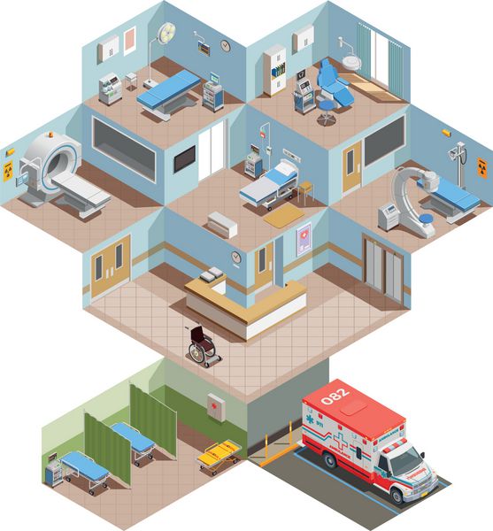 تجهیزات پزشکی ایزومتریک با دیدگاه ارتفاع از مرکز بیمارستان با اتاق های داخلی و امکانات تصویربرداری امکانات بهداشتی