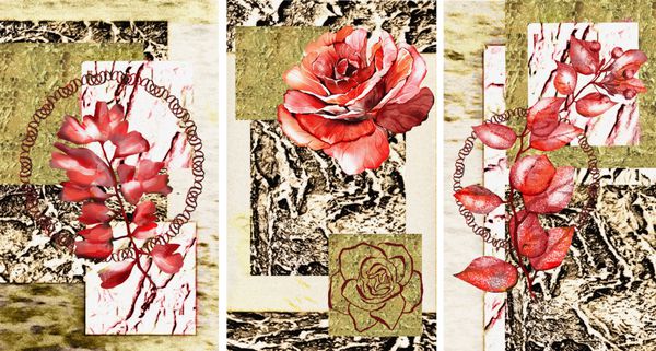 مجموعه ای از نقاشی های نقاشی طراح دکوراسیون داخلی هنر انتزاعی مدرن بر روی بوم مجموعه ای از تصاویر با گل رز قرمز در زمینه انتزاعی