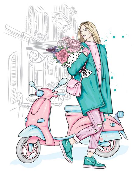 دختر زیبا در کت شیک شلوار جین و کفش تصویر برداری برای کارت پستال یا پوستر مد و سبک لباس و لوازم جانبی دسته گل طلایی و گل رز گل ها موتوری در لیست