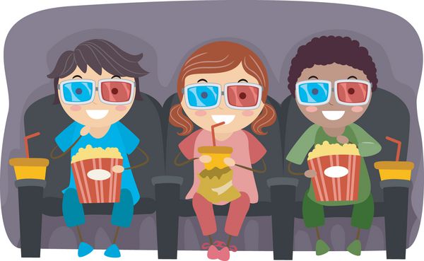 تصویری از کودکان و نوجوانان تماشای فیلم با عینک 3D در حالی که خوردن پاپ کورن