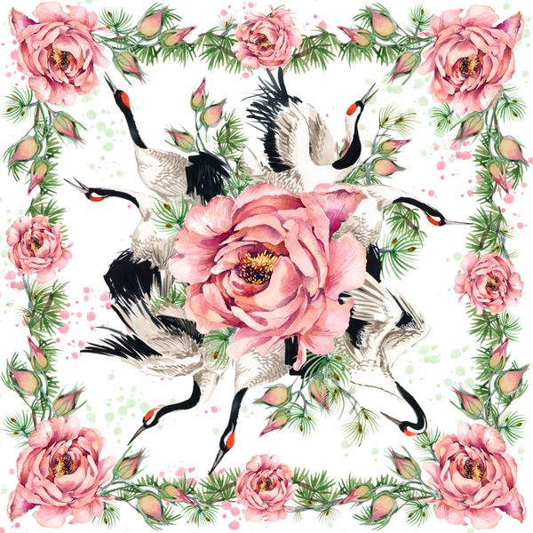 طراحی شال بافتنی گل روسری ابریشمی با گل رز و پرنده جرنگ ژاپنی آبرنگ دست کشیده آیکون پس زمینه سنتی سنتی طراحی پارچه