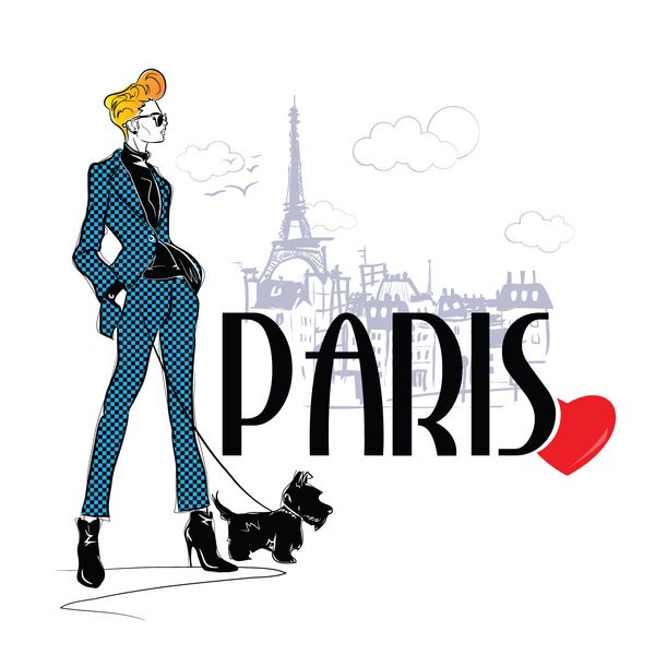 دختر مد لباس در سبک پیک با doggie در پاریس تصویر برداری