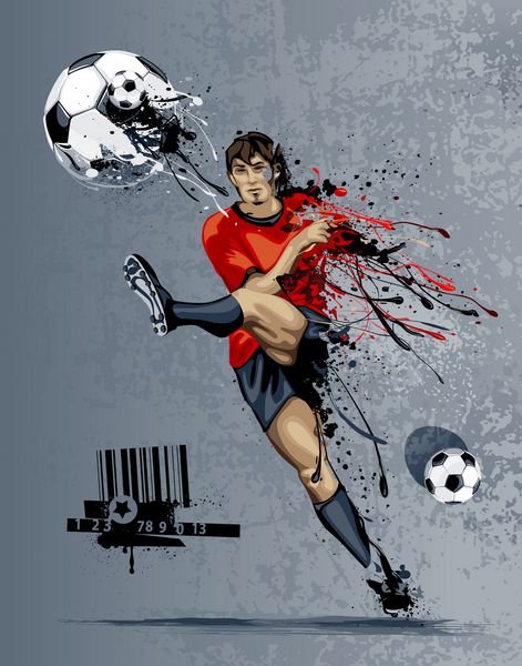 تصویر چهره فوتبالیست لگد زدن توپ با اثر مایع سبک گرانشی با عناصر گرانج کثیف
