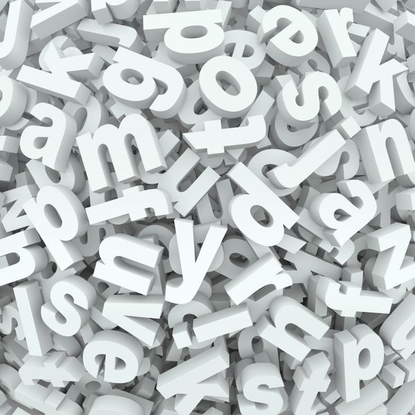 بسیاری از حروف الفبا در ظروف سرگردان یک صفحه نمایش 3D یا پس زمینه از کلمات و پیام ها