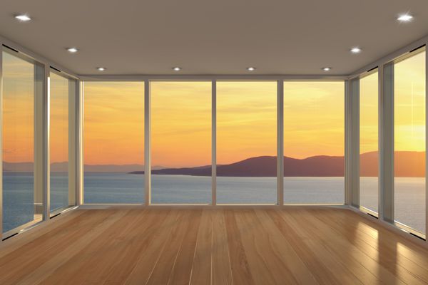 خلوت منطقه سالن مدرن با پنجره بزرگ و خلیج و دریا