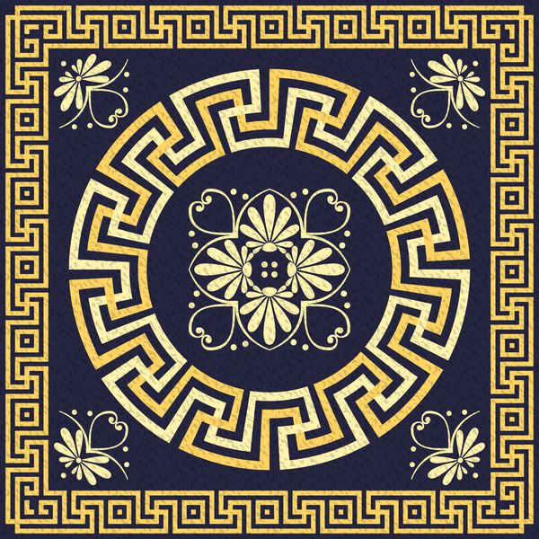 بردار مجموعه مربع طلایی سنتی و گرد تزئینی یونانی Meander و الگوی گل در پس زمینه آبی