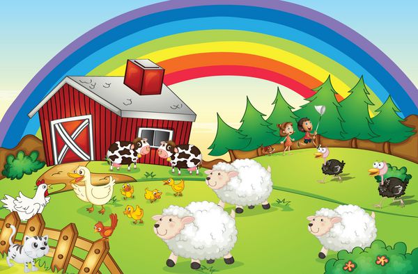تصویری از مزرعه با بسیاری از حیوانات و رنگین کمان در آسمان