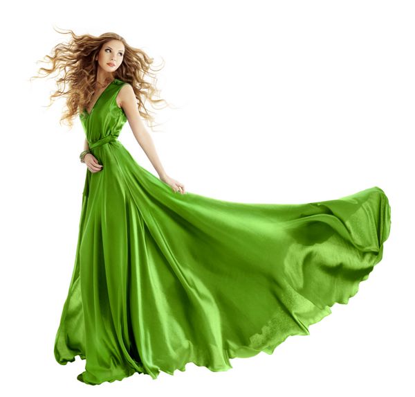 زن در لباس زیبایی لباس سبز دختر زیبا در لباس عصر طولانی تبدیل شدن به پس زمینه سفید