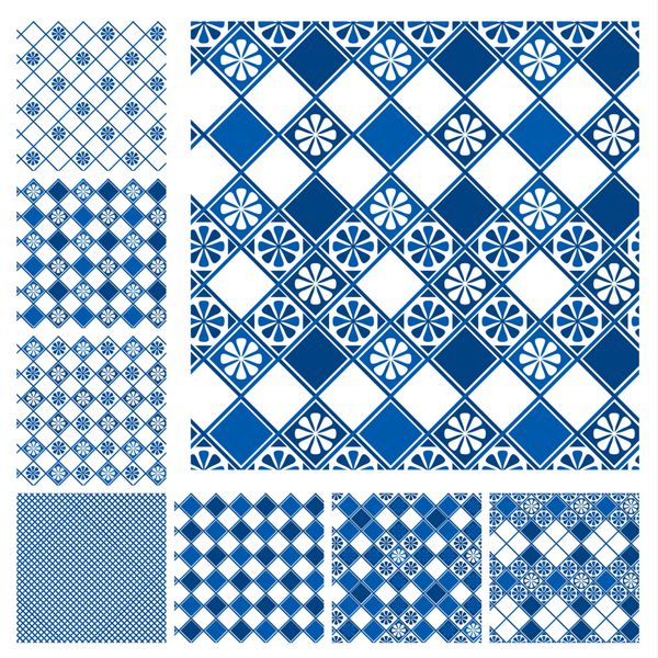 مجموعه ای از الگوهای بدون درز کاشی و سرامیک آبی با تزئین گل دیوار مجموعه مجموعه پس زمینه نسخه راستر
