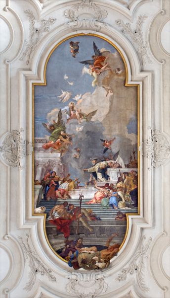 ونیز ایتالیا 2014 مارس 11 نقاشی دیواری سقف از کلیسا سانتا ماریا دل روساریو Chiesa dei Gesuati توسط جیووانی باتیستا تیپولو از 18 س سنت دومینیک با گل رز و مدونا