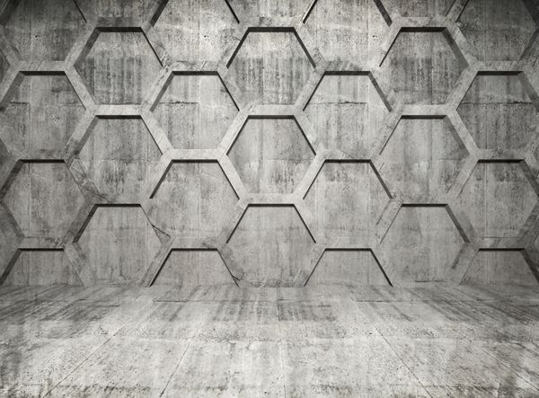 Abstract داخلی بتونی با ساختار لانه زنبوری در دیوار خاکستری