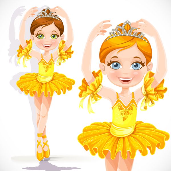دختر بالن زیبا زیبا در لباس زرد و تیارا در یک پس زمینه سفید