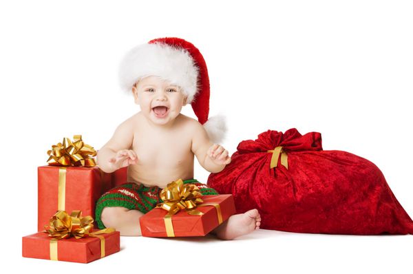 کودک کریسمس بچه جعبه هدیه حاضر و سانتا کیسه کودک مبارک لبخند زدن در کلاه قرمز با کریسمس کوله پشتی پس زمینه سفید جدا