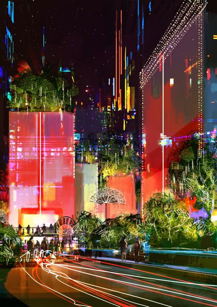 نقاشی دیجیتال صحنه شبانه از ساختمان های مدرن را نشان می دهد