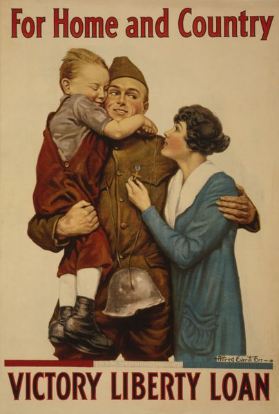 پوستر آمریکایی 1918 WW1 از یک سرباز در آغوش یک زن و کودک است پوستر می نویسد برای خانه و کشور وام آزادی پیروزی