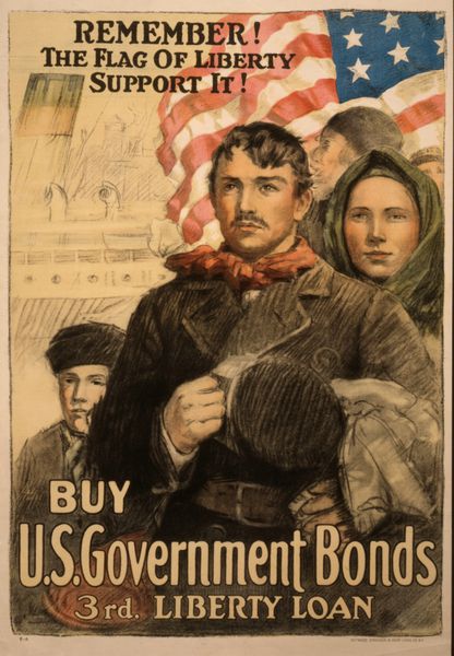 پوستر جهانی جنگ 1 که مهاجران را به اوراق قرضه آزادی در سال 1917 دعوت می کند پوستر می نویسد به یاد داشته باشید پرچم آزادی پشتیبانی از آن اوراق قرضه دولتی ایالات متحده وام آزاد 3