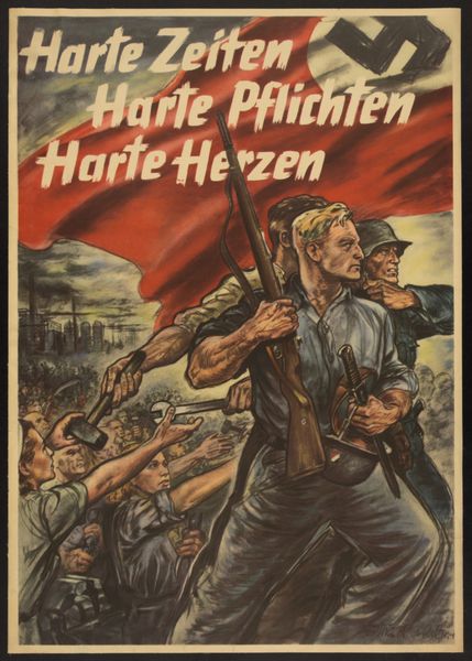 پوستر WW2 آلمان هارت Zeiten؛ هارت Pflichten؛ هارت هرنز به زمان های سخت ترجمه می کند؛ وظایف سخت؛ قلب سخت پوستر 1943 نشان می دهد که مردان پرچم نازی ها را به مبارزه می کشند