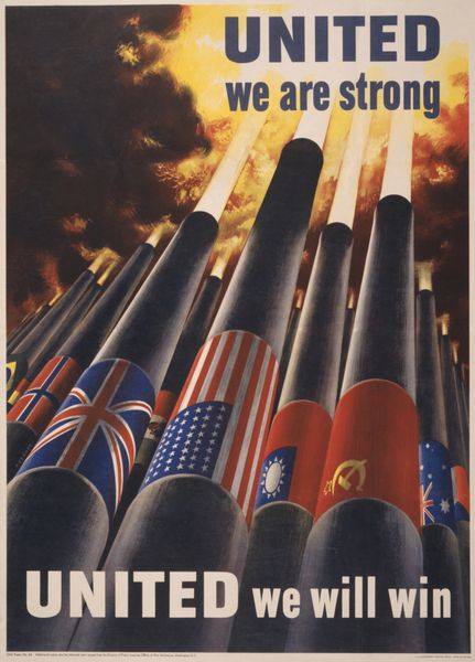 متحد ما قوی هستیم متحد ما می توانیم برنده شویم 1943 پوستر آمریکایی WW2 نشان دادن توپ ها هر کدام با پرچم ملت متفقین انفجار به آسمان