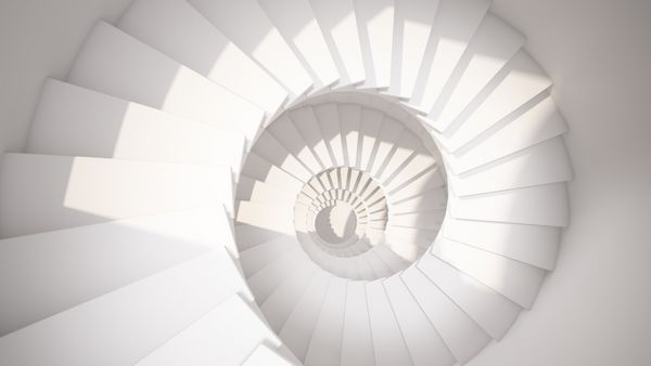 پله مارپیچ سفید در نور خورشید انتزاعی 3D داخلی