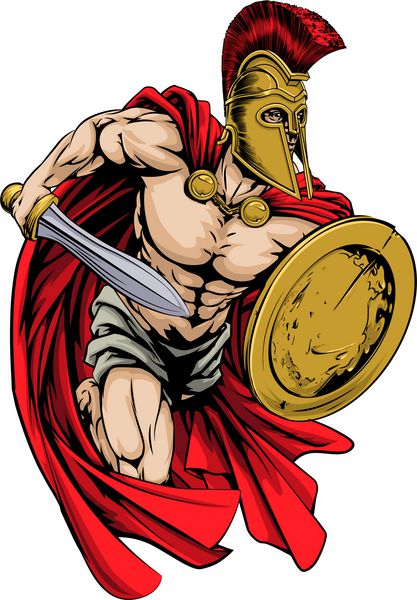 یک تصویر از یک شخصیت جنگجو یا تظاهرات ورزشی در کلاه ایمنی تروا یا اسپارتان که دارای شمشیر و سپر است