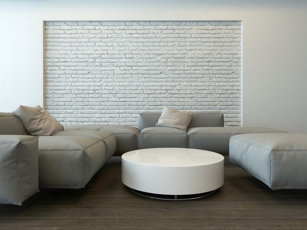 درخشان داخلی مدرن اتاق نشیمن با اتاق نشیمن راحت یک میز سفید و دیوار آجری بافت است رندر 3d