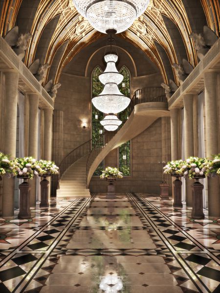 کلیسای کلیسای جامع داخلی با ترتیبات گل عکس واقع گرایانه 3D صحنه