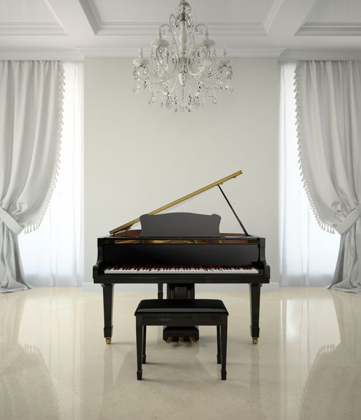 اتاق در سبک کلاسیک با رندر 3D پیانو و لوستر