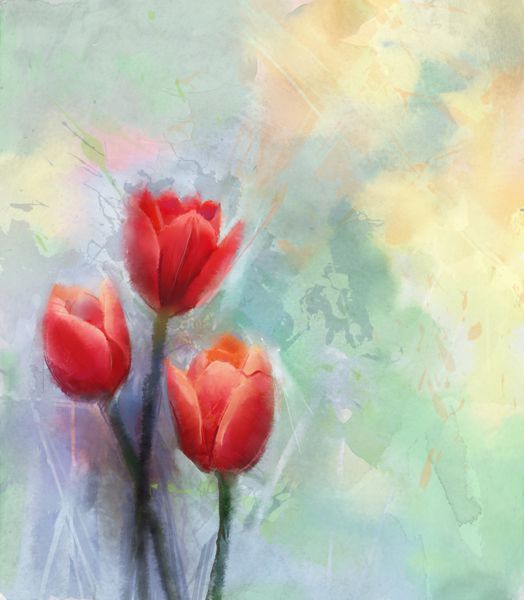 نقاشی گل لاله های قرمز گل در رنگ نرم و سبک تار برای پس زمینه نقاشی گل گل