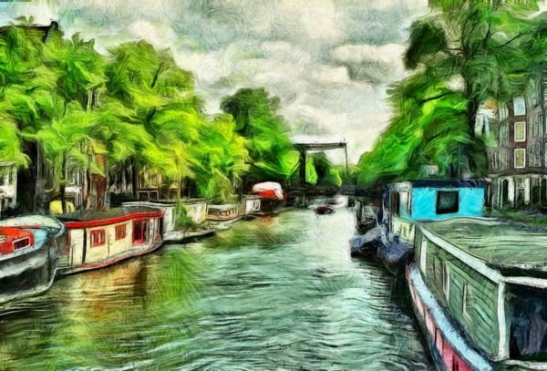 کانال در آمستردام با نقاشی روغن قایق های خانه