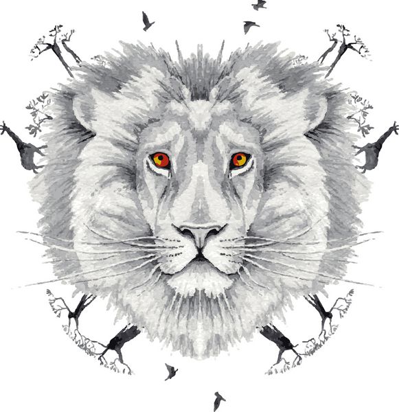 شیر شاه حیوانات در جنگل تصویر آبرنگ خلاق