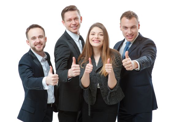 تیم کسب و کار موفق گروهی از افراد کسب و کار با اعتماد به نفس نشان دادن شست ایستاده نزدیک به یکدیگر و لبخند زدن جدا شده بر روی سفید