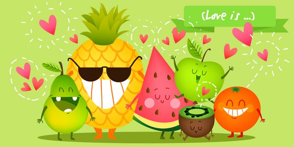مجموعه ای از میوه ناز تصویر با شخصیت های خنده دار عشق و قلب زمان تازه نارنجی سیب هندوانه کیوی آناناس