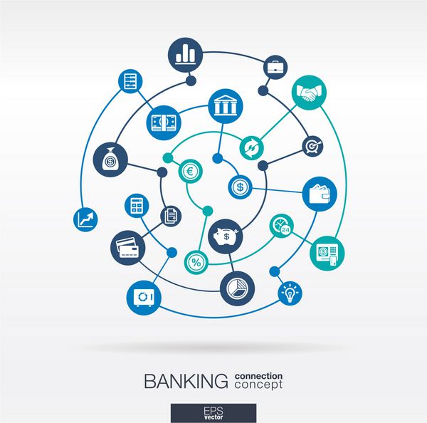 شبکه بانکی پس زمینه انتزاعی دایره با خطوط و ادغام آیکون های تخت نمادهای مرتبط با مفاهیم پول کارت بانک کسب و کار و امور مالی تصویر برداری تعاملی