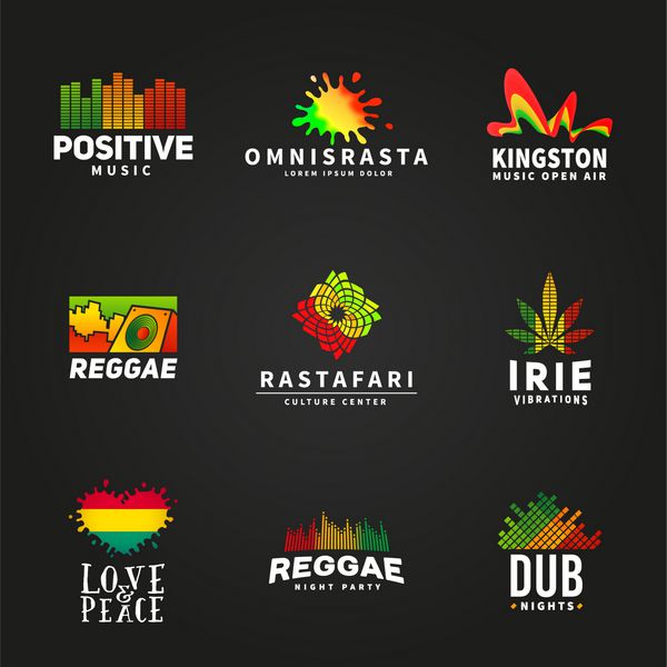 مجموعه ای از افریقا مثبت افیوپیا پرچم طراحی لوگو جامائیکا رگگایی موسیقی بردار قالب مفهوم شرکت رنگارنگ در پس زمینه تاریک