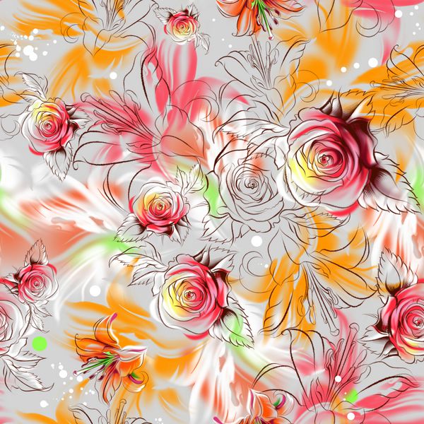 الگوی بدون درز گل گل های عجیب و غریب گرمسیری در مداد و آبرنگ کشیده شده است گل رز نیلوفرهای و ارکیده نقاشی سبک خوخلوما روسی رسم آزادانه
