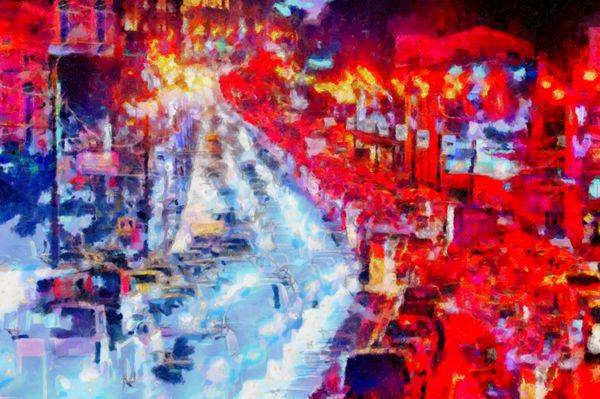 نقاشی دیجیتال ساختار خیابان پرطرفدار شبانه با اتومبیل های رنگی