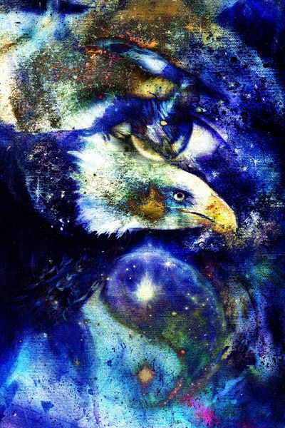 نقاشی عقاب با چشم زن در زمینه انتزاعی و نماد یین یانگ در فضا با ستارگان بال پرواز ایالات متحده آمریکا نمادها آزادی