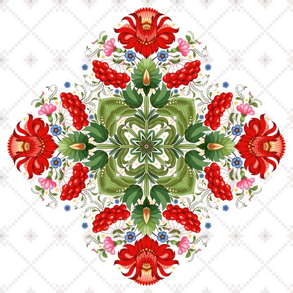 پس زمینه برداری الگوی مربع گل با الگوی گل در سبک نقاشی Petrykivka پس زمینه با زیور آلات شبیه به گلدوزی