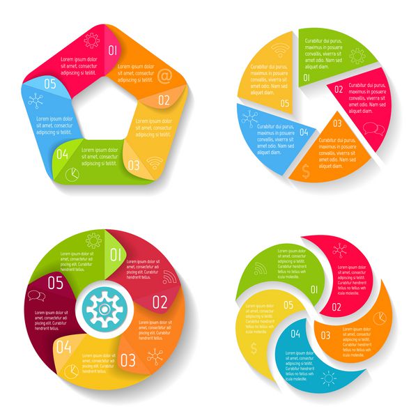 مجموعه مجموعه ای از نمودارهای infographics دور بردار نمودار متصل با مدار با 5 گزینه مراحل پیشرفت کاغذ برای آموزش بنرهای مفهومی کسب و کار EPS10 مجموعه طرح گردش کار