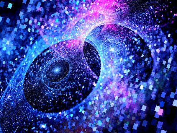 Multiverses درخشان آبی در فضا ذرات مربع داده های بزرگ کامپیوتر پس زمینه انتزاعی