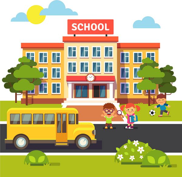 ساختمان مدرسه اتوبوس و حیاط جلویی با دانش آموزان کودکان تصویر برداری بردار سبک انتزاعی بر روی زمینه سفید