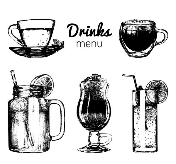 نوشیدنی های نوشیدنی و عینک برای نوار رستوران منو کافه شکلات های مختلف بروشور نوشیدنی دست مجموعه لیموناد قهوه چای