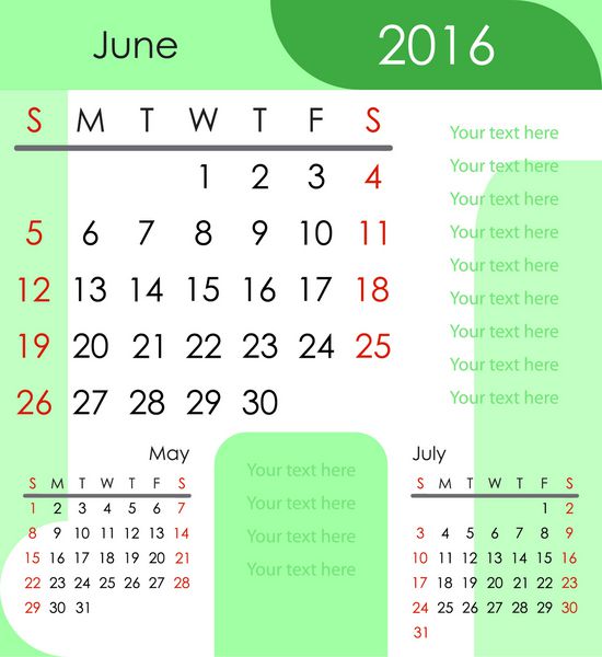 ژوئن 2016 تقویم هفته با یکشنبه آغاز می شود تصویر برداری