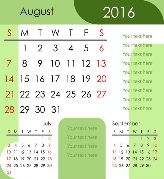 ماه اوت 2016 تقویم هفته با یکشنبه آغاز می شود تصویر برداری